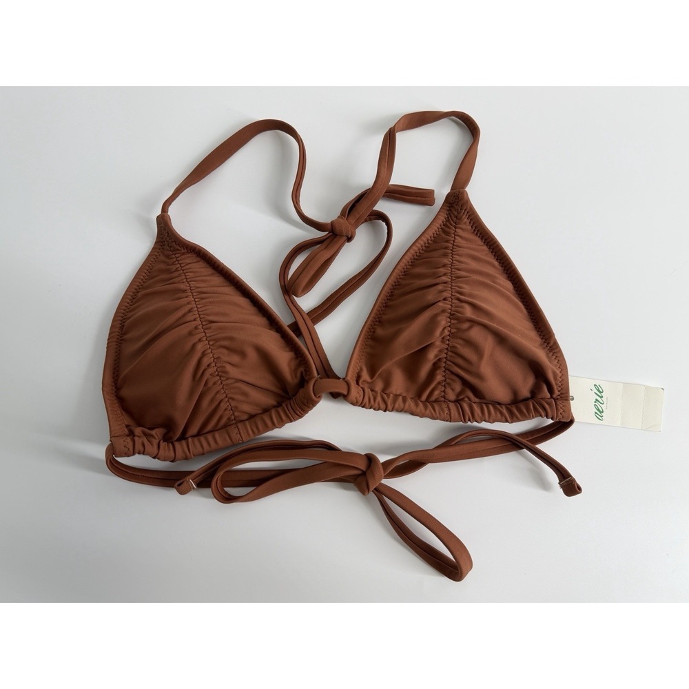 NWT Women's Aerie Triangle Bikini‎ Top Brown Ruched Tie Back Swimsuit XSmall